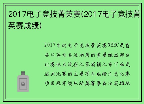 2017电子竞技菁英赛(2017电子竞技菁英赛成绩)